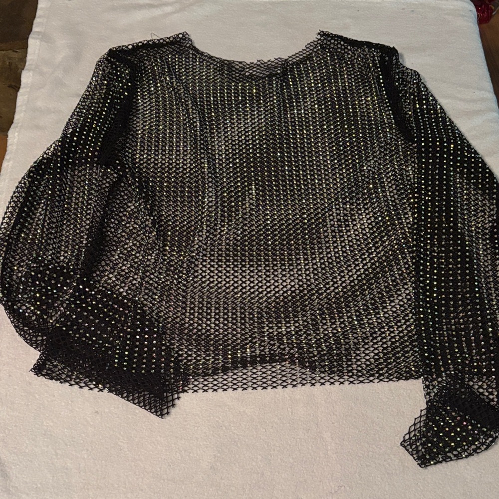 Charlotte Russe Black Sheer Rhinestone Mesh Long-Sleeve Top
